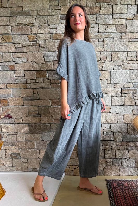 Frame Hopsack Frill Box Top Washed Charcoal